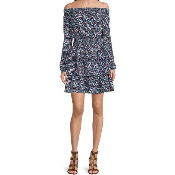 MICHAEL Michael Kors Printed Pebble Crepe Off-the-Shoulder Tiered Dress.